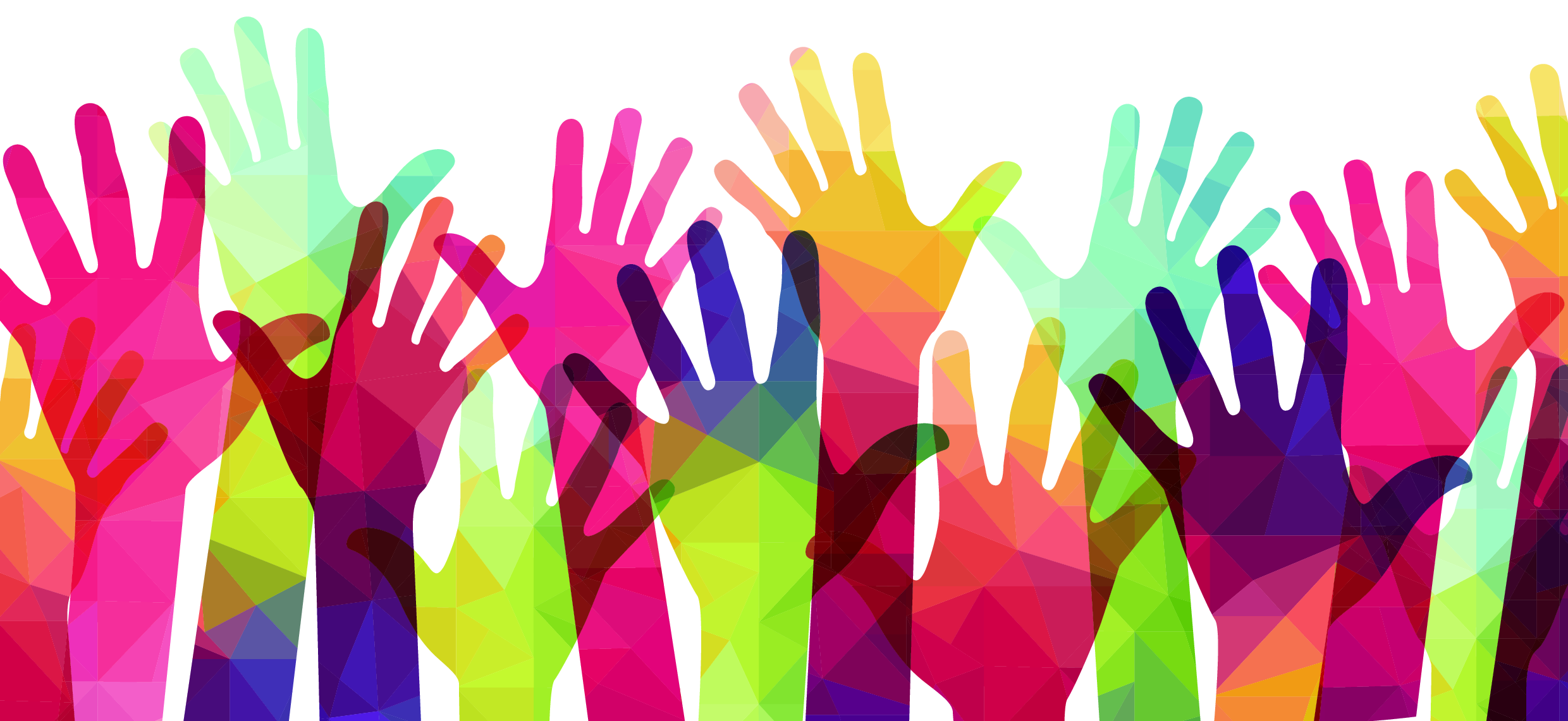 En masse hænder i forskellige farver rækkes op i luften - frivillighed.