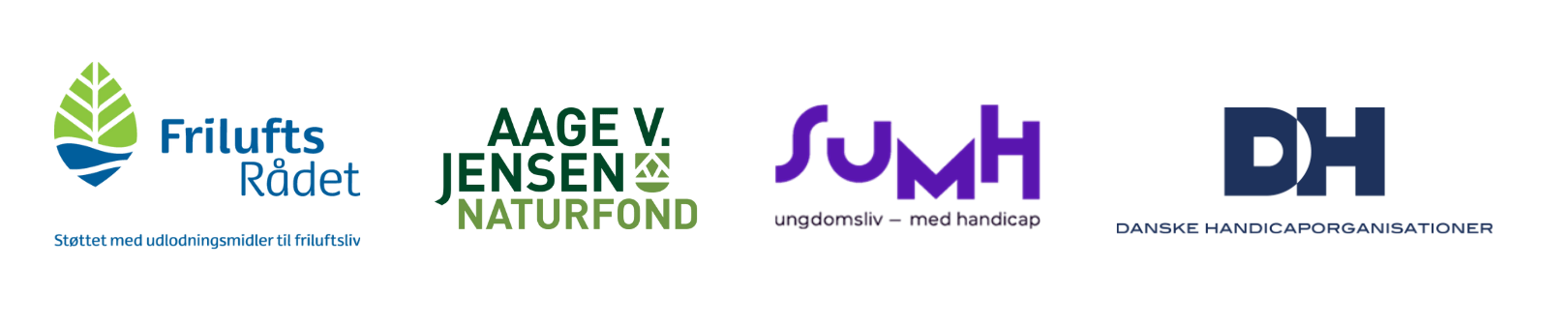 Billede af Friluftsrådets logo, Aage V. Jensen-logo, SUMH-logo og DH-logo uden baggrund.