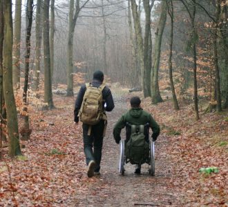 Veteraner med PTSD i naturen set fra ryggen. Den ene er gående. Den anden kører i kørestol.
