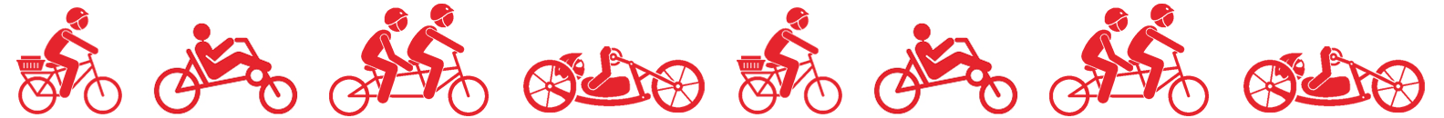 Frise med piktogrammer af forskellige mennesker på forskellige cykler i rød på hvid baggrund.
